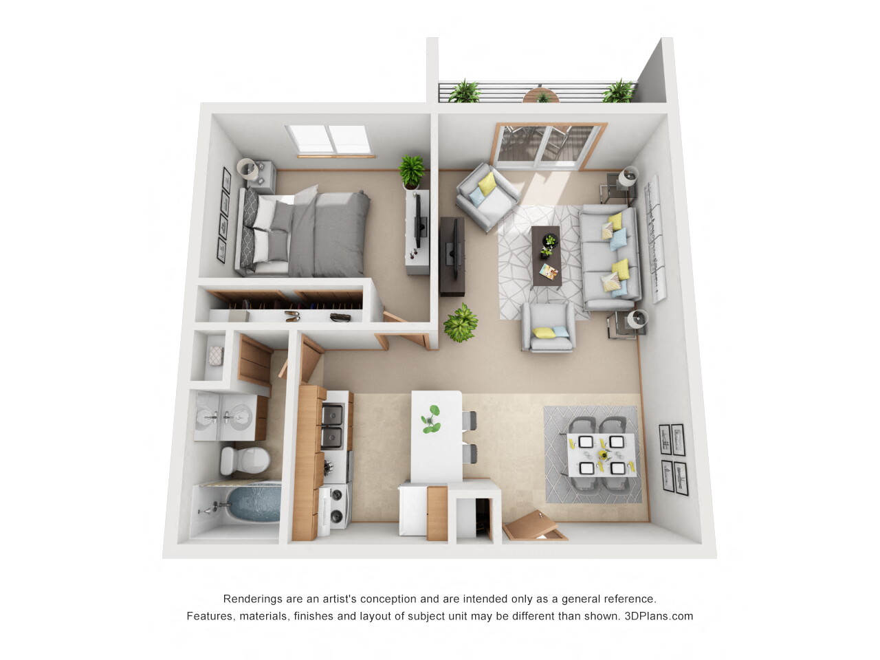 Floor plan for 1 bed, 1 bath, 725 sqft